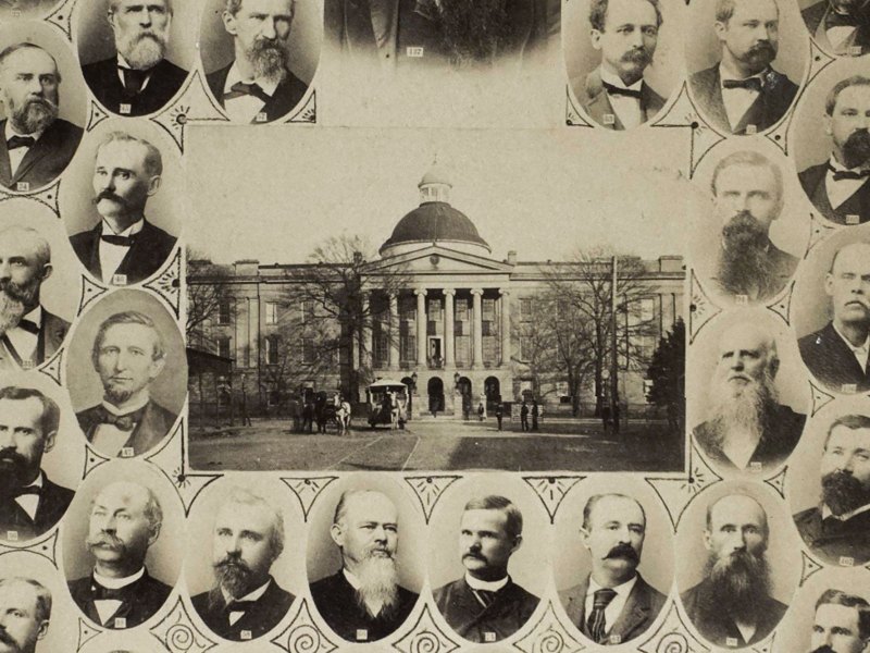 An old collage of white old men's faces in circles, surrounding the Mississippi capitol building