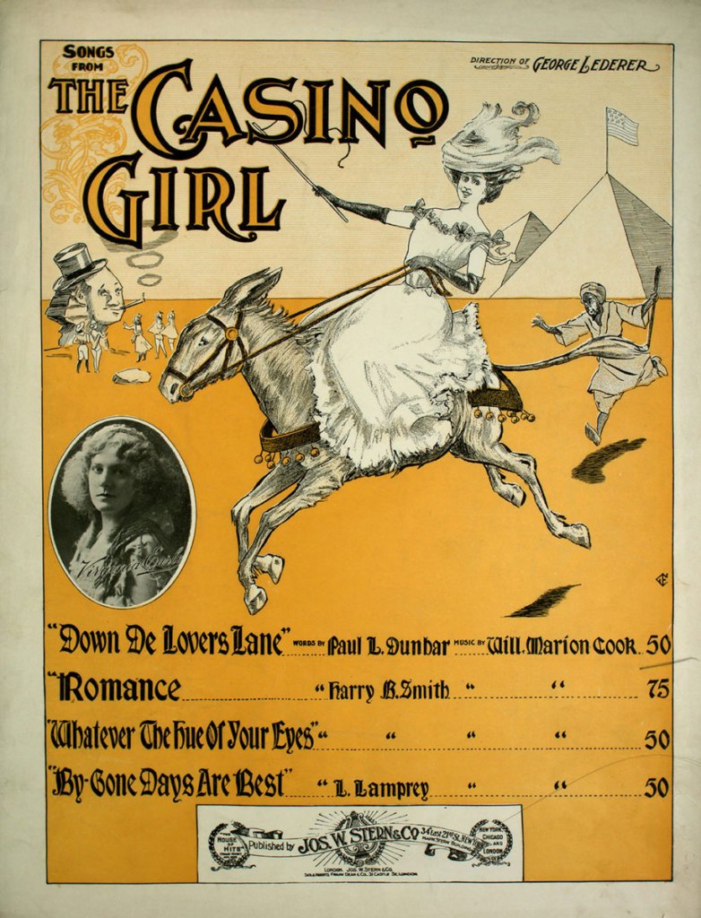 In this image of a poster for the 1900 musical Casino Girl, a song written by a black man is listed underneath a white women riding a horse