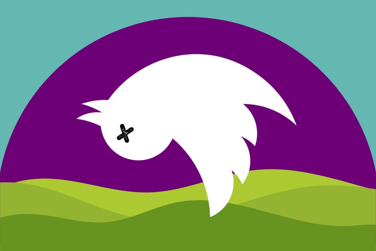 A white bird hangs upside down with an X for eyes over a simple background of green ground, blue sky, and purple sun