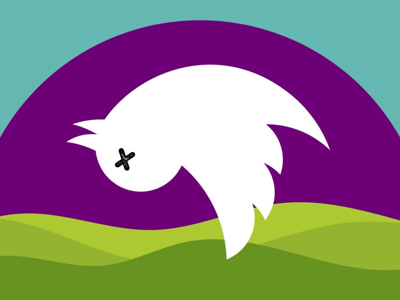 A white bird hangs upside down with an X for eyes over a simple background of green ground, blue sky, and purple sun