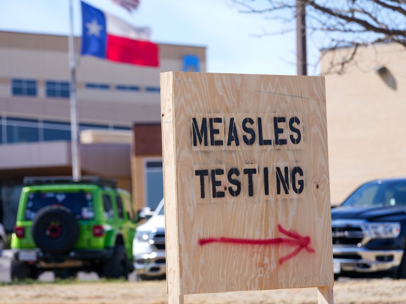 A sign is seen outside of Seminole Hospital District offering measles testing