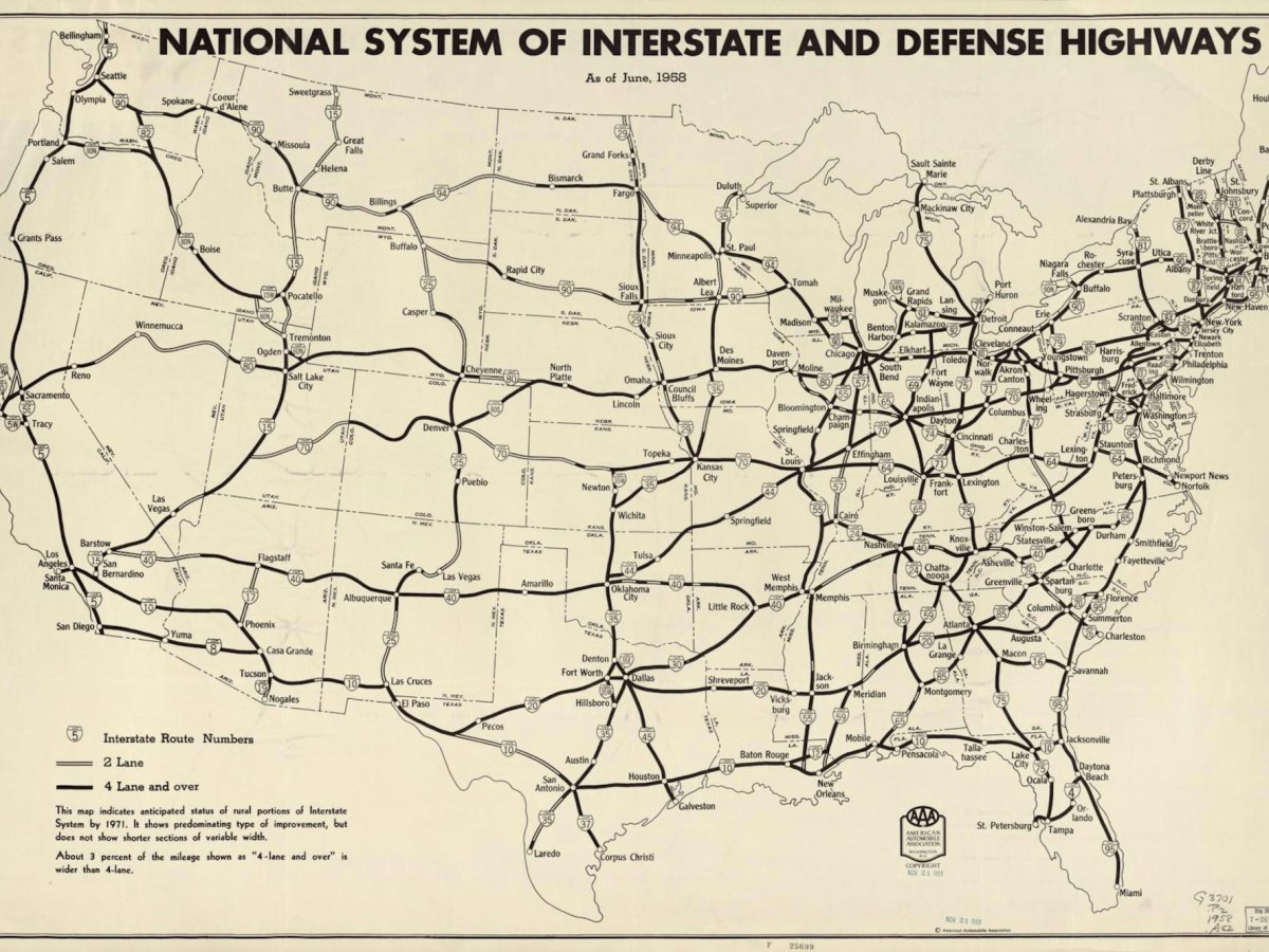 An older map of the US showing the main highways in 1958