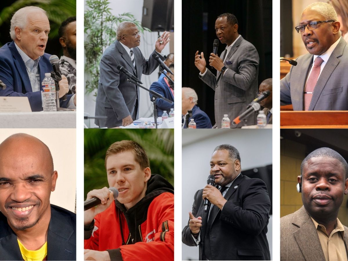 Images of eight men, mostly dressed in formal wear, are stacked in a 2-by-4 grid.
