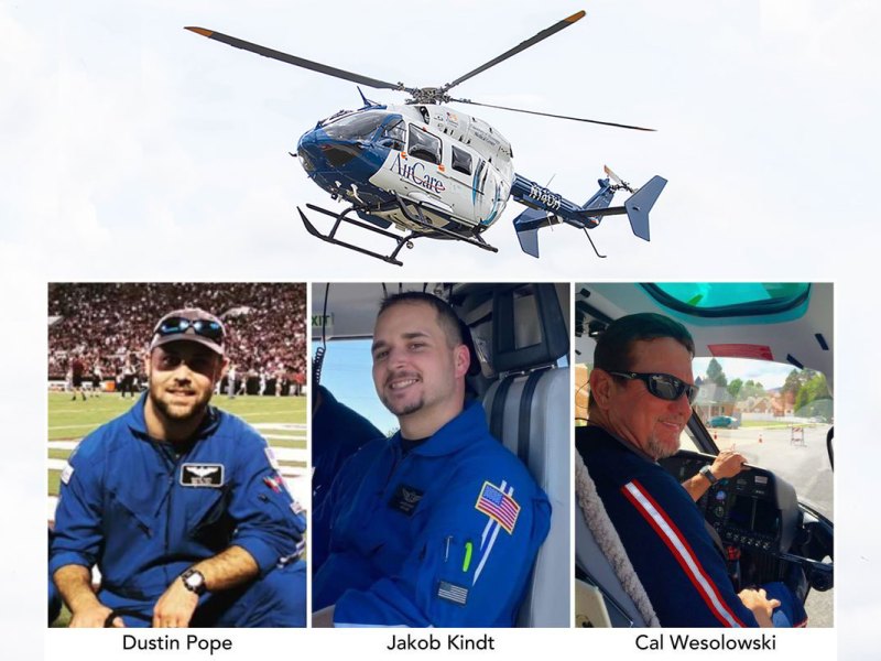 A photo of a blue and white helicopter labeled AirCare, with a superimposed image of three side by side photos of men in blue uniforms labeled Dustin Pope, Jakob Kindt, Cal Wesolowski