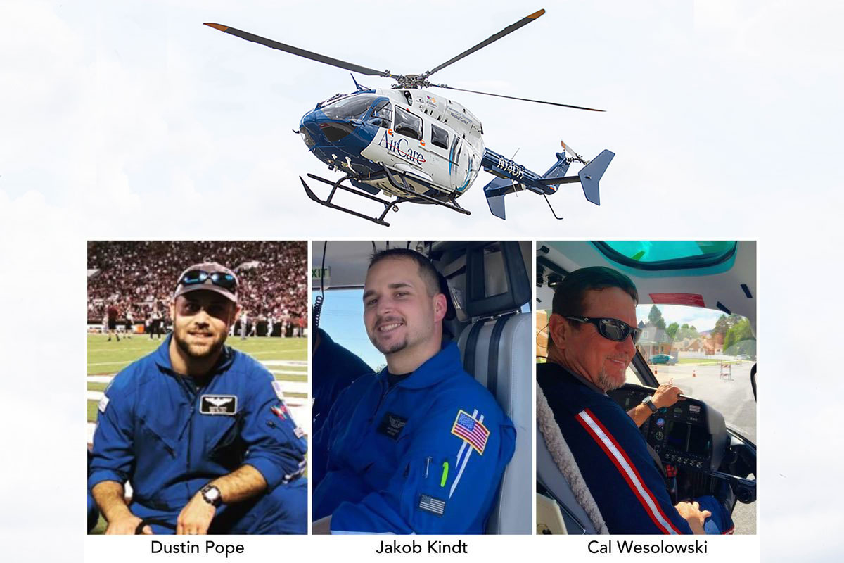 A photo of a blue and white helicopter labeled AirCare, with a superimposed image of three side by side photos of men in blue uniforms labeled Dustin Pope, Jakob Kindt, Cal Wesolowski