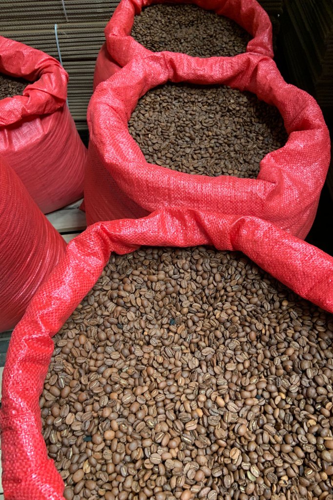 A stack of red sacks are filled with coffee beans.
