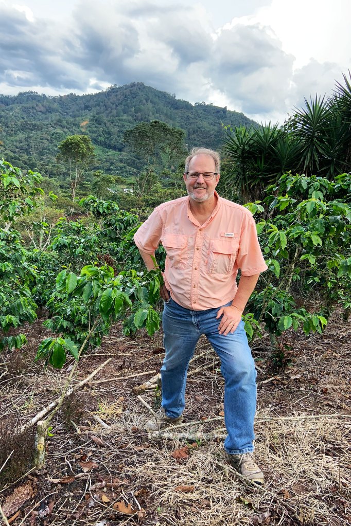 A man standing in a forest with a green mountain behind him.