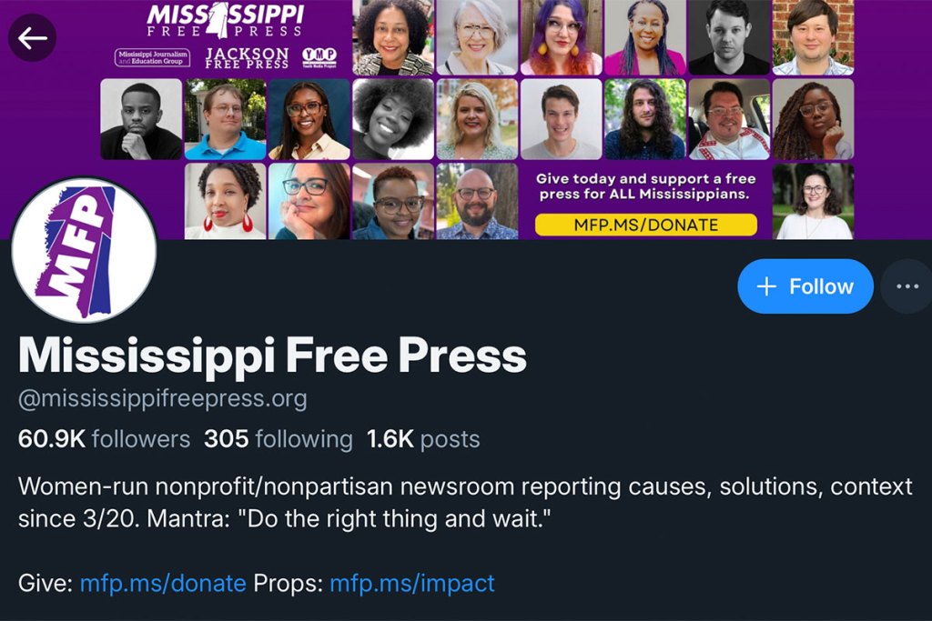 Mississippi Free Press Bluesky profile showcasing a team of diverse people, showing they have 60.9k followers, along with donation and website links.