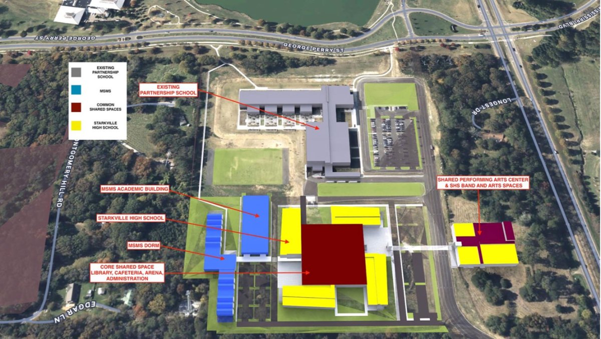 a map pointing to the proposed buildings on the Mississippi State campus for the MSMS academic building, MSMS dorm rooms, Starkville High School, shared library, cafeteria, arena and administration building, and the shared performing arts, band and arts center.