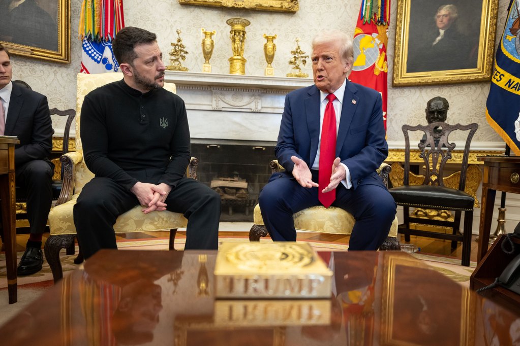 President Donald Trump sits with President Volodymyr Zelenskyy of Ukraine in the White House