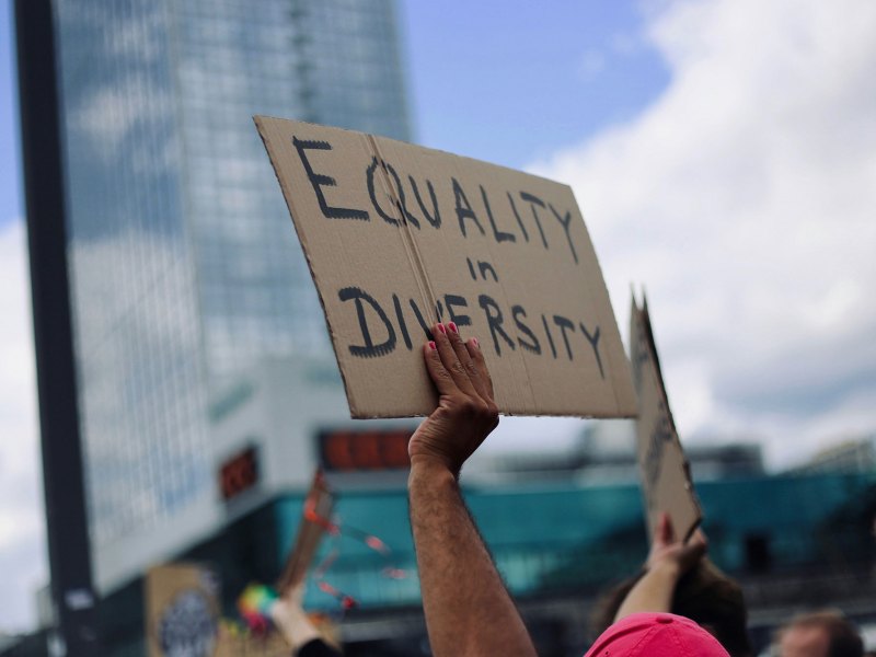 Hands holding sign with "Equality in Diversity" written on it.