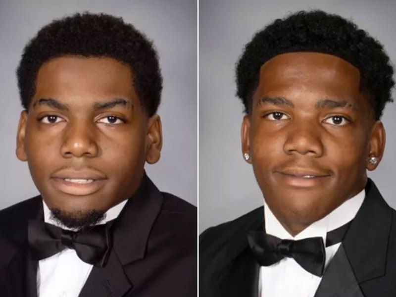 Two side by side high school portrait of two young men in suits and bowties