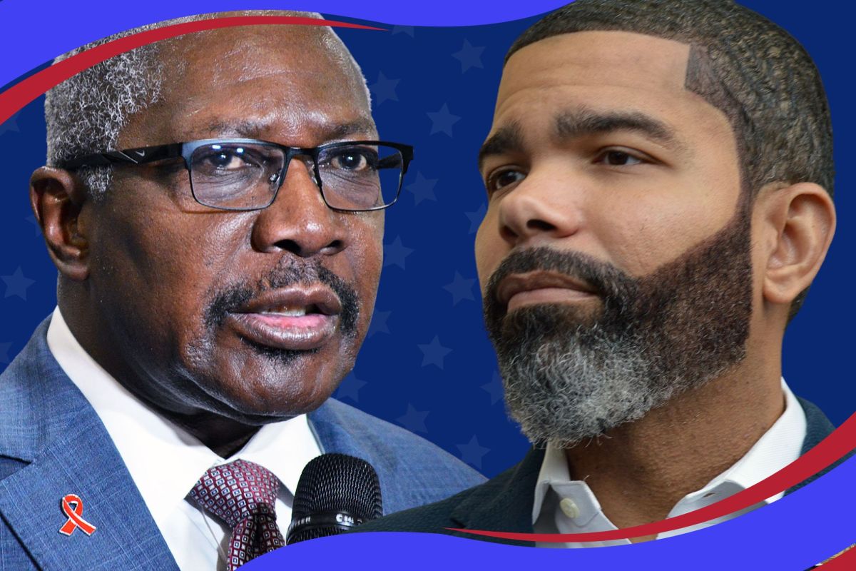 Side by side photo of two black men, both in suits, with a blue starry background
