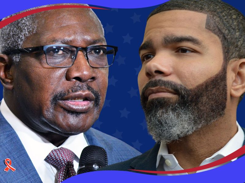 Side by side photo of two black men, both in suits, with a blue starry background