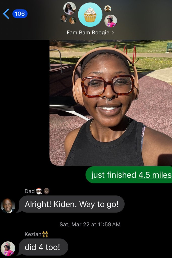 A screenshot of a family group text with a young lady wearing headphones, glasses, and a black muscle t-shirt