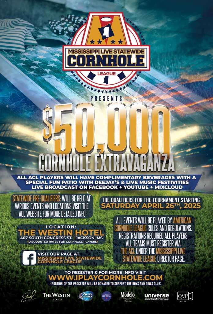 Flyer of the Mississippi Live Statewide Cornhole League event happening in Jackson, MS.