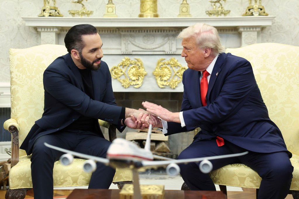 President Donald Trump, right, shakes the hand of El Salvador's President Nayib Bukele