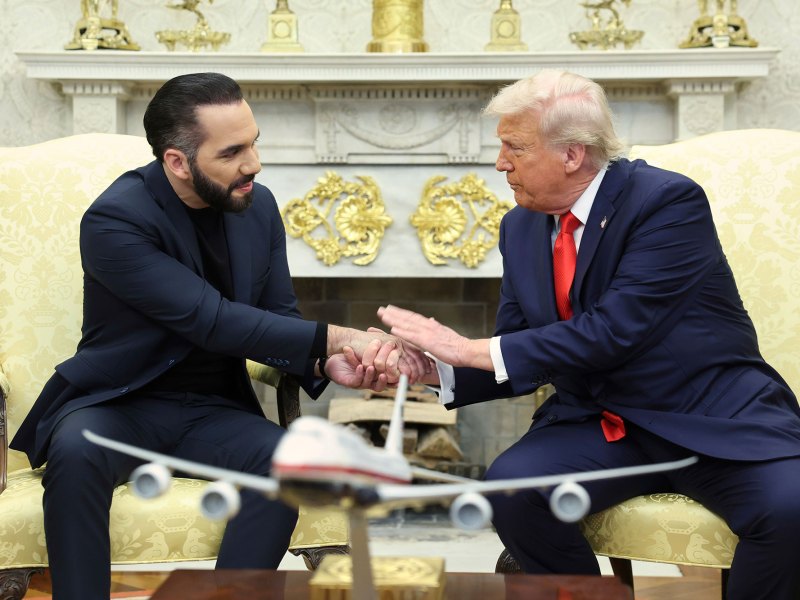 President Donald Trum shakes the hand of President Nayib Bukele