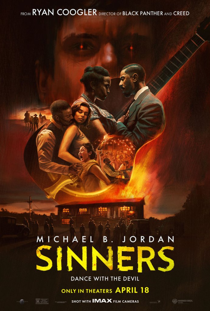 A movie poster for "Sinners" showing people embracing over a photo of a building on fire