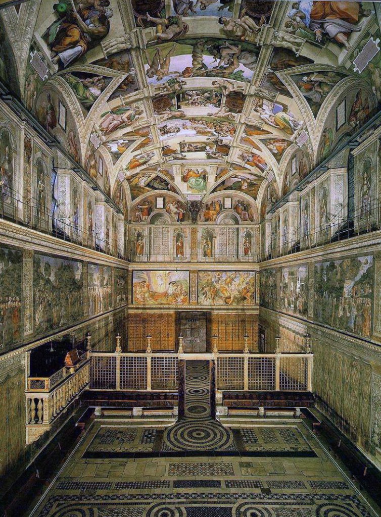 An interior view of the Sistine Chapel, ever surface covered in Catholic iconography paintings