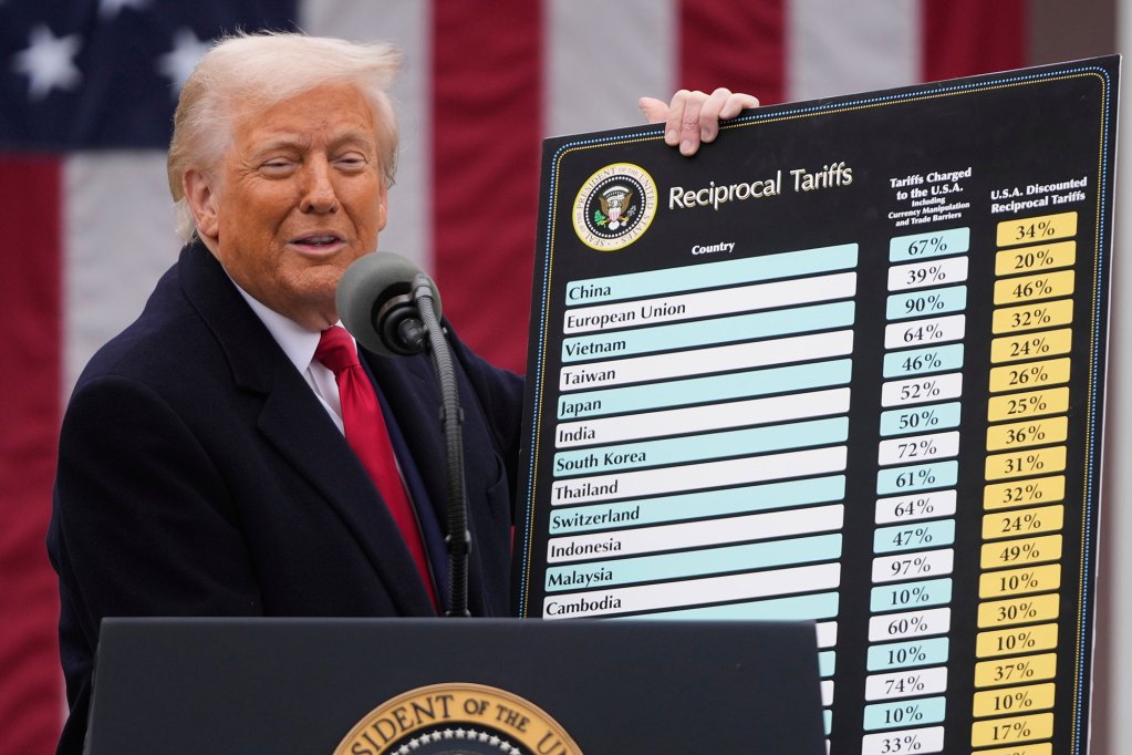 Trump holding a reciprocal tariffs chart standing in front of an American flag