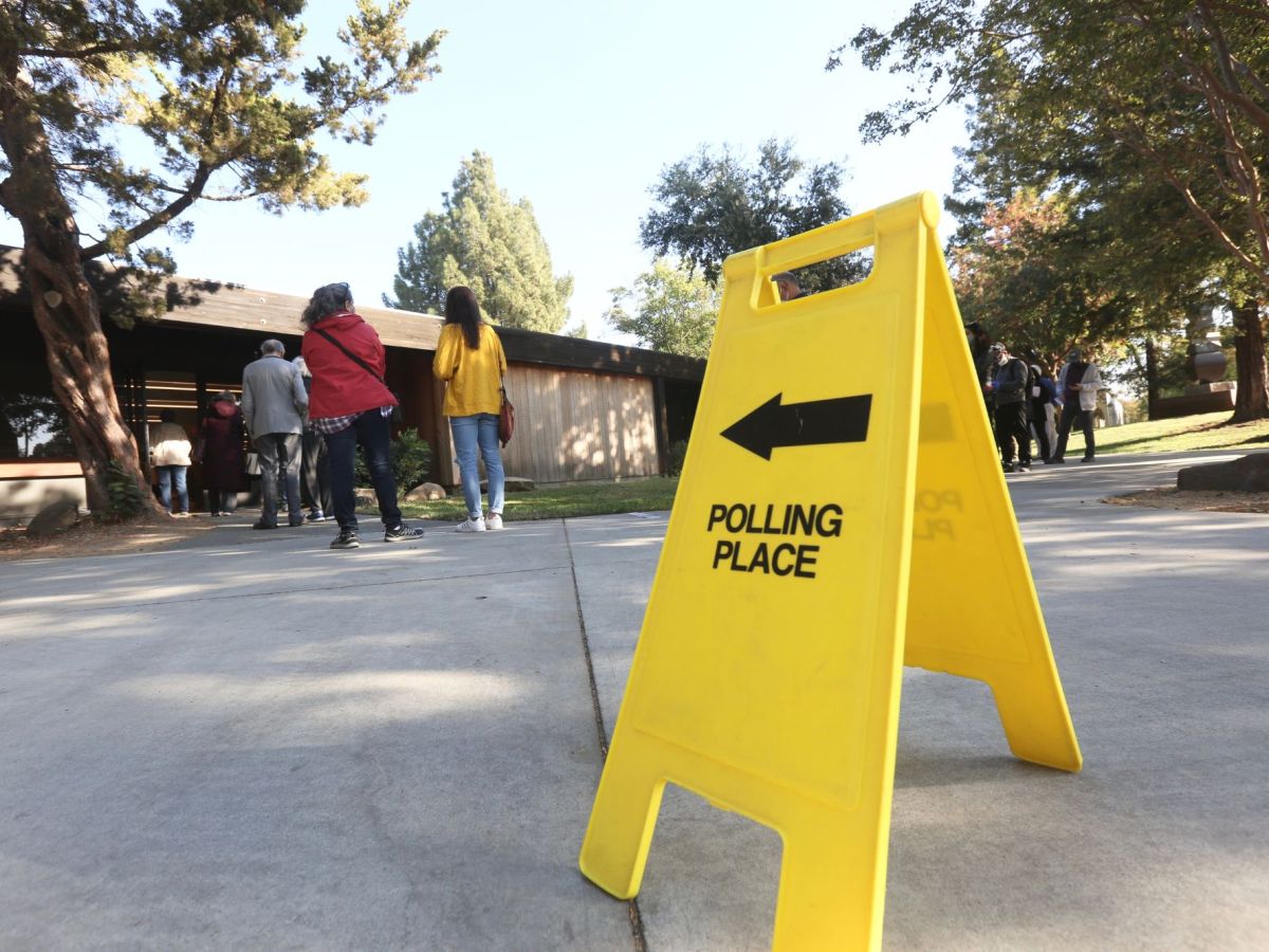 People line outside of a building past a bright yellow sign that reads Polling Place and points toward the building