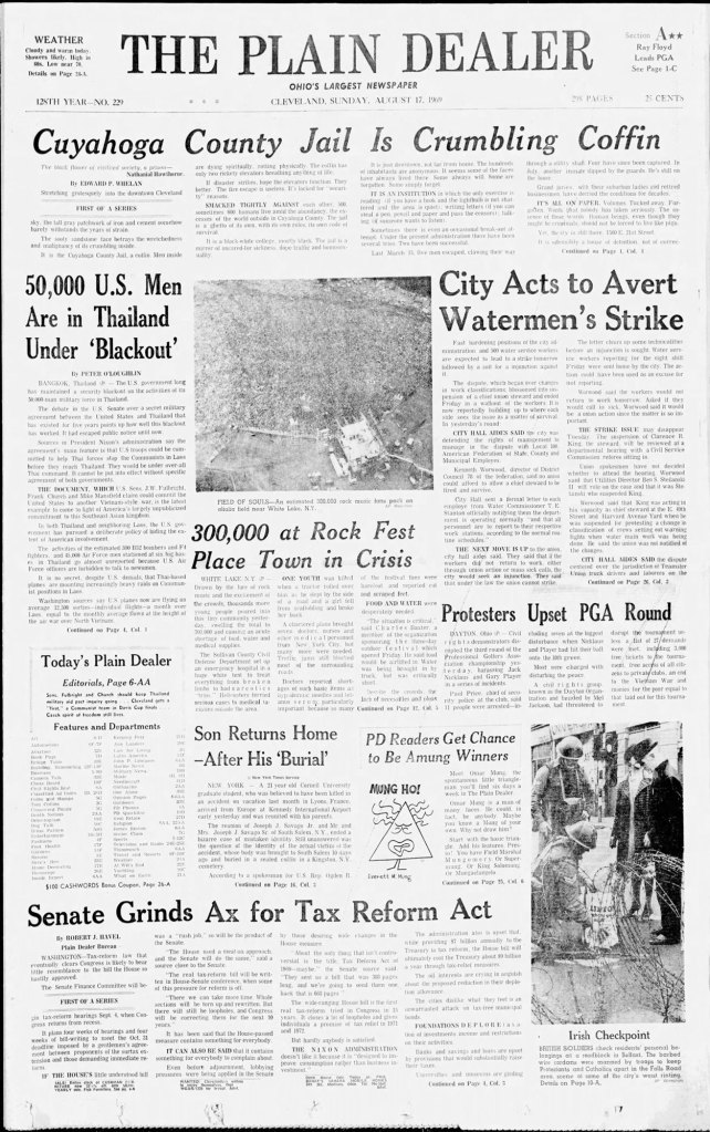 A black-and-white scan of the front page of a newspaper called “The Plain Dealer” shows multiple stories and two photos. At the top of the page is an article titled “Cuyahoga County Jail is Crumbling Coffin”.