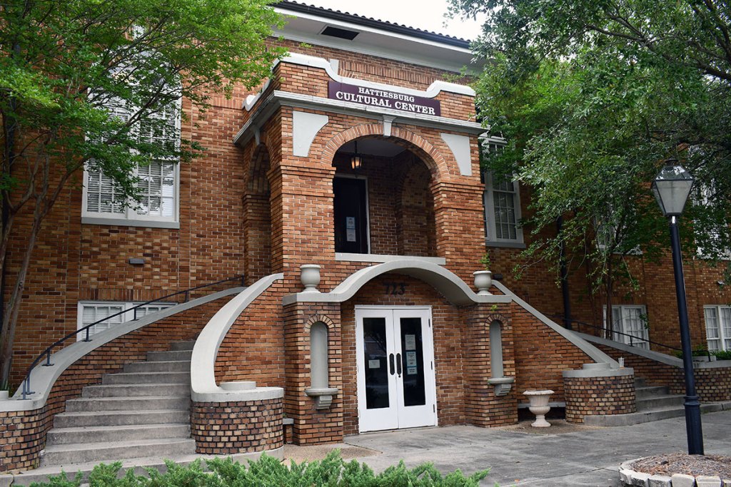 The exterior of a two story brick building labeled Hattiesburg Cultural Center