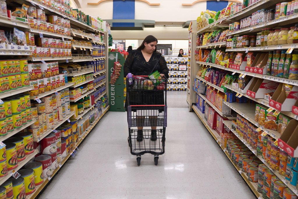 A woman pushes a shopping cart down a grocery aisle