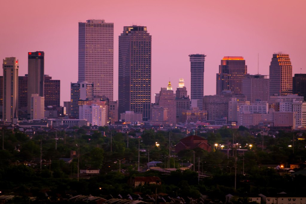 Purple skyline of the city of New Orleans