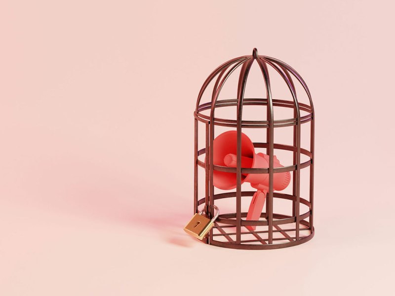 A locked birdcage contains a megaphone against a light red background