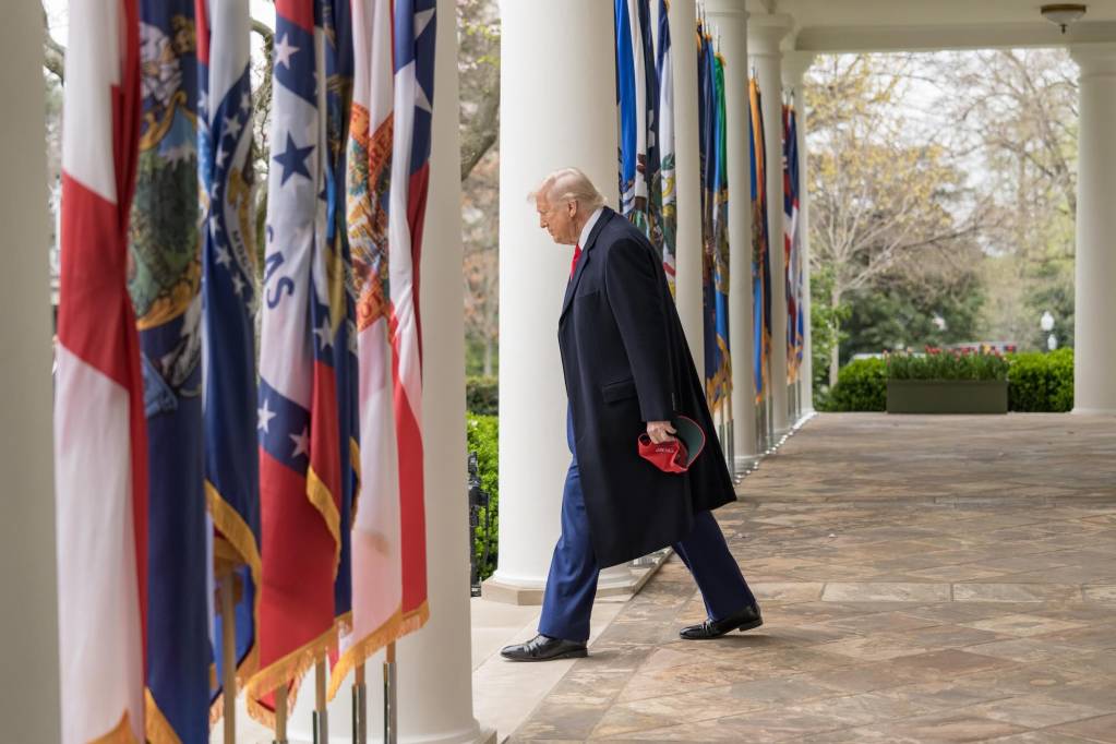 Donald Trump walking past a series of flags
