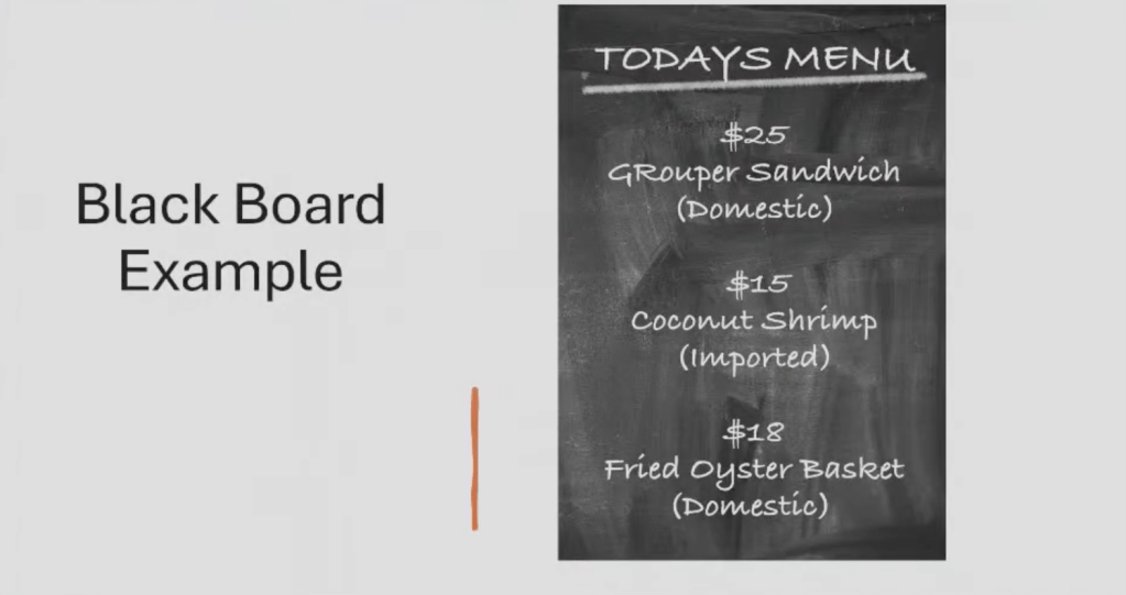 Three photos of seafood displays labeled as “Imported Shrimp,” “Domestic Seafood,” and “Gulf Oysters (Domestic).”