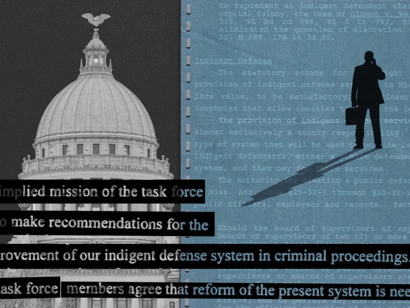 A collage shows a black-and-white photo of a domed capitol building, snippets of text from reports about the indigent defense system in Mississippi and, on the right, a silhouette of a man in a suit holding a briefcase against a grayish-blue textured background.