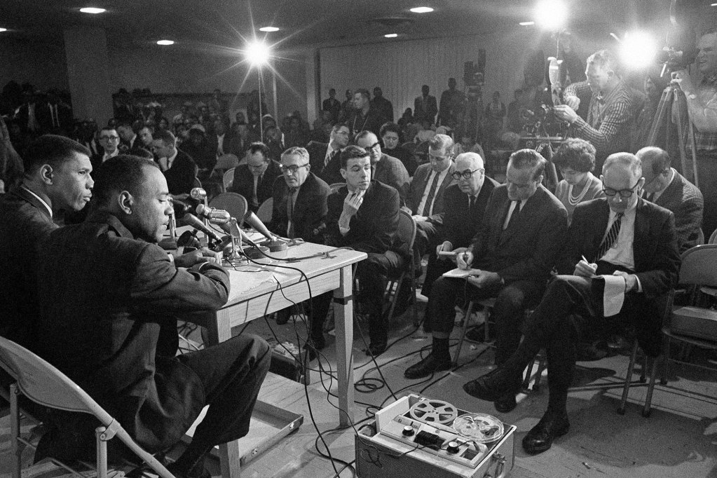 James Meredith speaking at a press conference