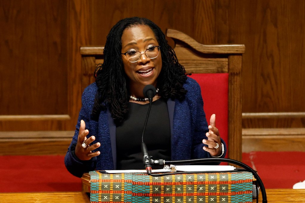 U.S. Supreme Court Justice Ketanji Brown Jackson speaks from a church podium