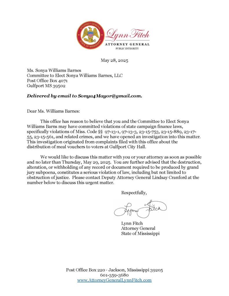 Mississippi Attorney General Lynn Fitch’s letter