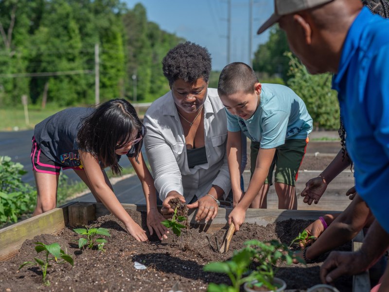 A man, woman, and kids put plants inside of a garden bed
