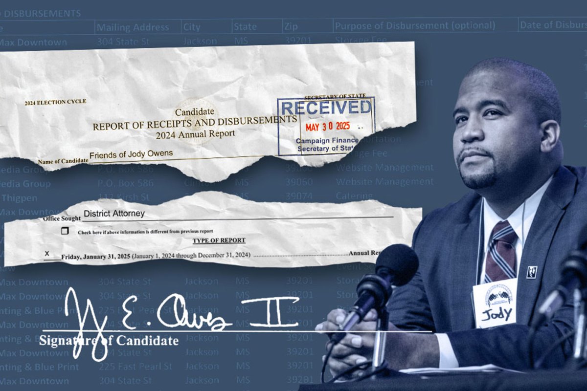 A photo collage with a navy blue background shows two torn sheets of paper, with the upper one reading: "Candidate: Report of Receipts and Disbursements, 2024 Annual Report" and "Name of candidate: Friends of Jody Owens," and the lower one reading "Office sought: District Attorney" and an x marked next to a line that reads "Friday, January 31, 2025 (January 1, 2024 through December 31, 2024). Jody Owens's signature appears below the tears. To the right of the illustration is a photo of Jody Owens, in navy blue and white tones.