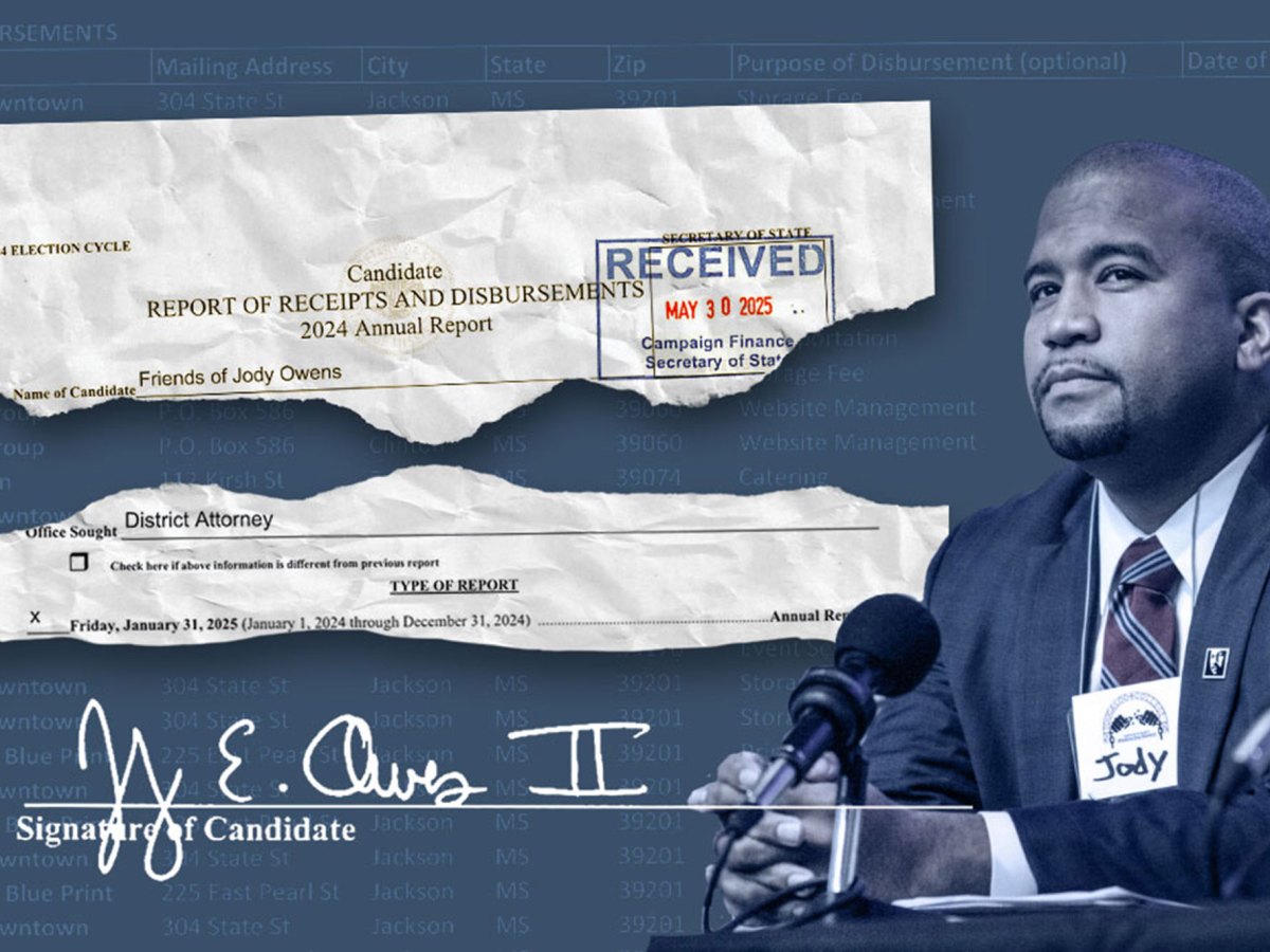 A photo collage with a navy blue background shows two torn sheets of paper, with the upper one reading: "Candidate: Report of Receipts and Disbursements, 2024 Annual Report" and "Name of candidate: Friends of Jody Owens," and the lower one reading "Office sought: District Attorney" and an x marked next to a line that reads "Friday, January 31, 2025 (January 1, 2024 through December 31, 2024). Jody Owens's signature appears below the tears. To the right of the illustration is a photo of Jody Owens, in navy blue and white tones.