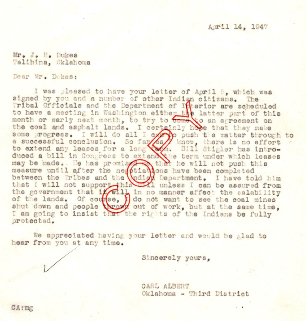 "A yellowed letter from 1947 about Indian resource rights from a congressman to a Native American constituent in Oklahoma.