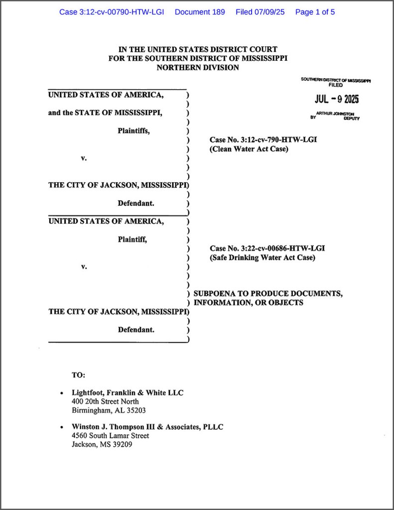 DOJ Subpeona City of Jackson over Seimens Settlement