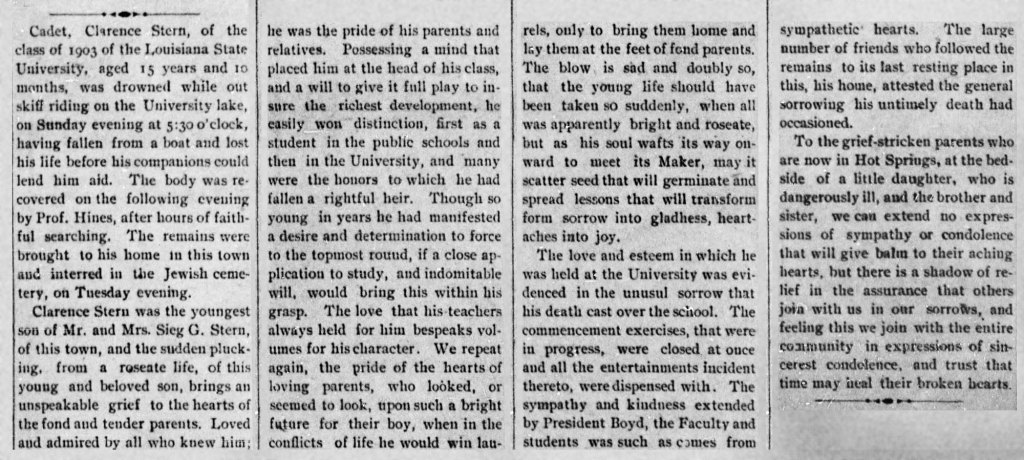 An article clipping about the death of Cadet Clarence Stern