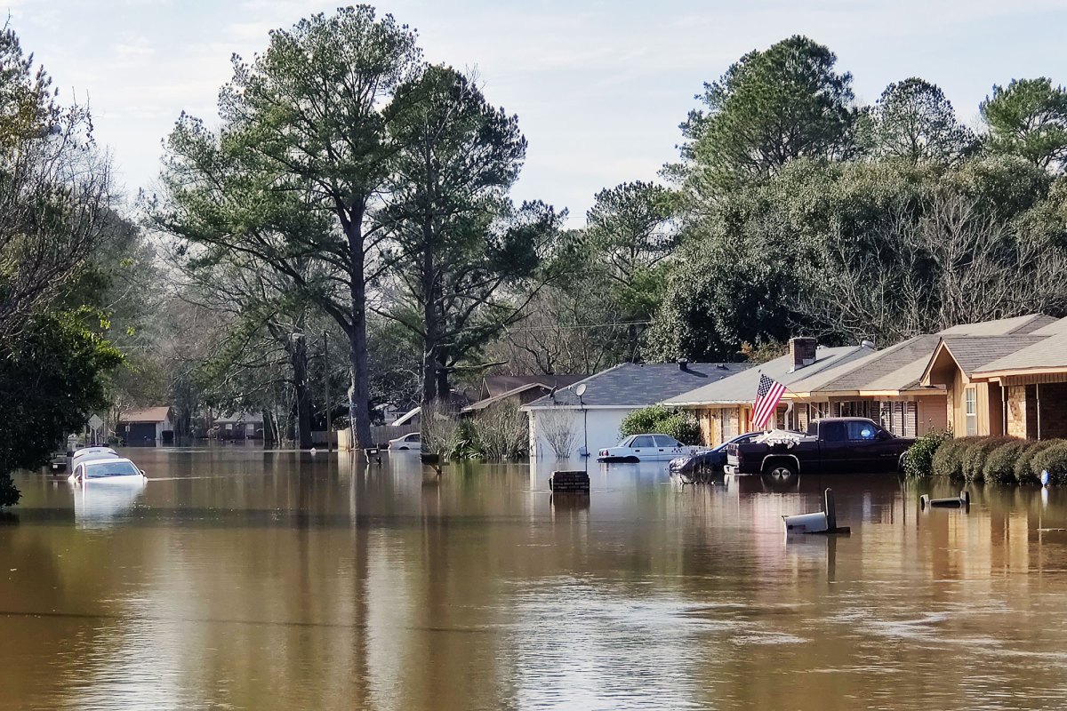 A neighborhood street flooded, with water reaching up into cars and houses