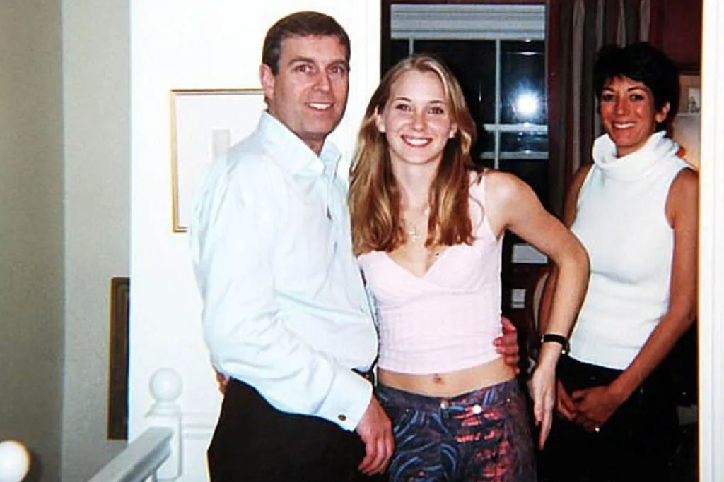 Prince Andrew standing beside a young Virginia Giuffre in a house. Ghislaine Maxwell stands in the doorway behind them