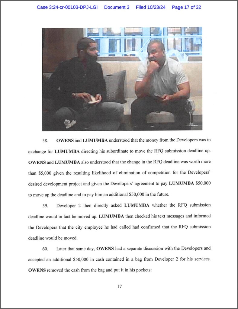 a screenshot of a court document with a photo included at the top showing Jody Owens and Chokwe A. Lumumba sitting on a couch. The top reads "OWENS and LUMUMBA understood that the money from the Developers was in exchange for LUMUMBA directing his subordinate to move the RFQ submission deadline up. OWENS and LUMUMBA also understood that the change in the RFQ deadline was worth more than $5,000 given the resulting likelihood of elimination of competition for the Developers' desired development project and given the Developers' agreement to pay LUMUMBA $50,000 to move up the deadline and to pay him an additional $50,000 in the future."