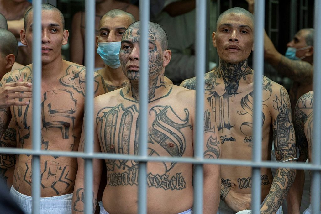 Group of tattooed men stand behind prison bars