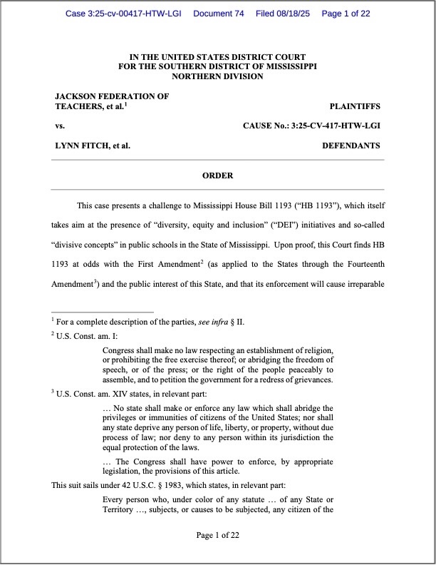 A court order regarding Jackson Federation of Teachers, et. al. vs. Lynn Fitch, et. al.