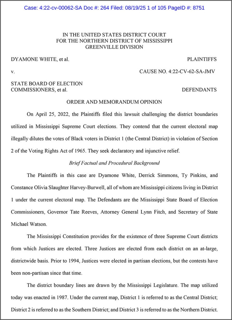 Judge Sharion Aycock’s Aug. 19, 2025, ruling in White v. State Board of Election Commissioners, et al.