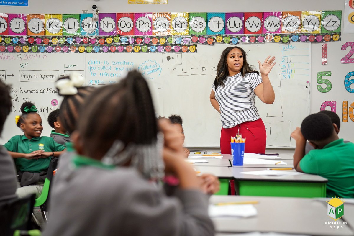 A teacher in a colorful grade school classroom teaches seated students all wearing school uniform shirts